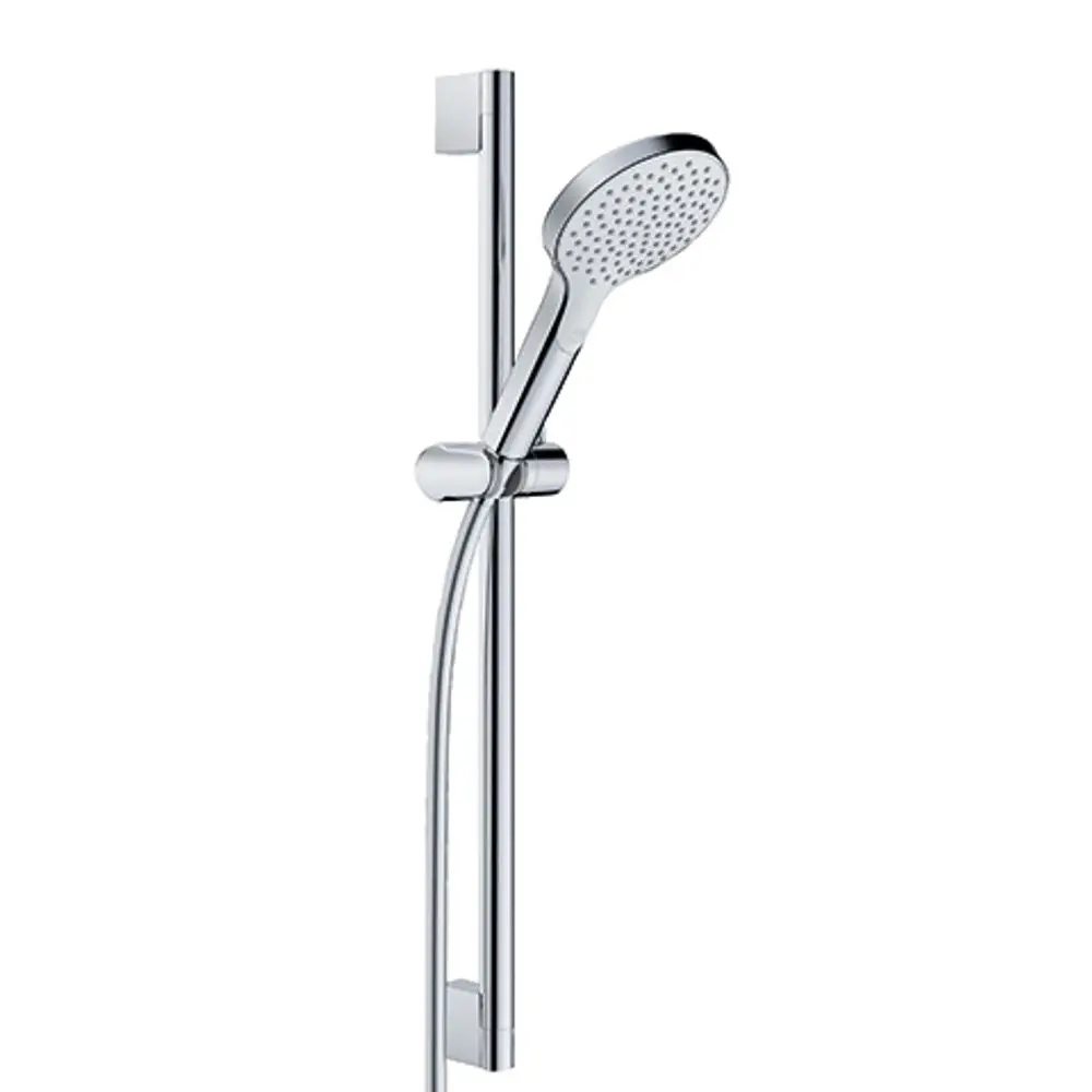 Kludi Duschset mit Handbrause an einer vertikalen Stange, chromfarbener Oberfläche, flexiblem Schlauch und Halterung.